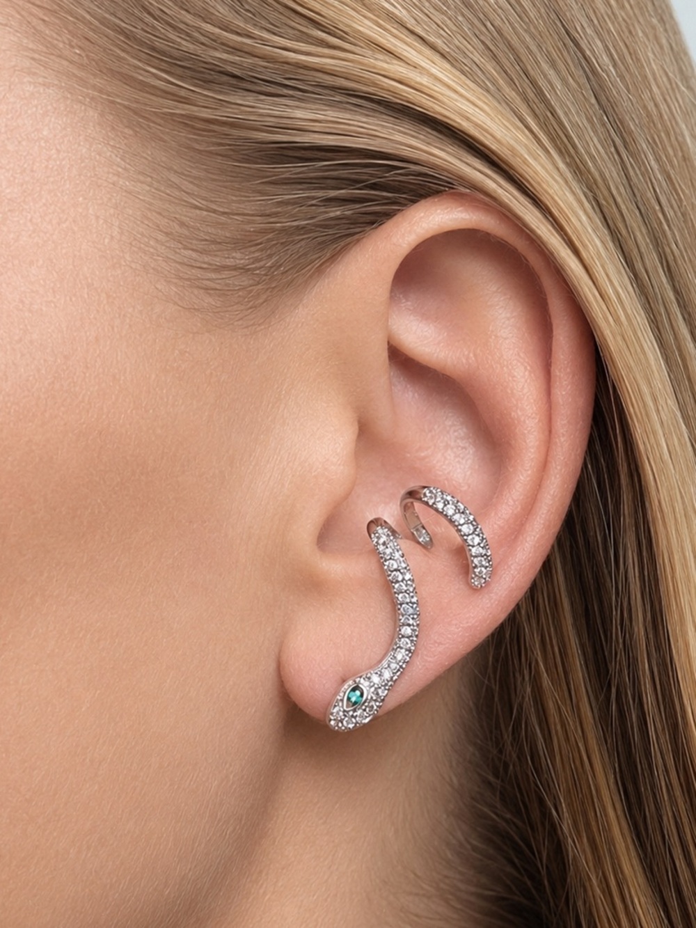 Sterling Silver CZ and emerald Pavé Snake Ear Cuff